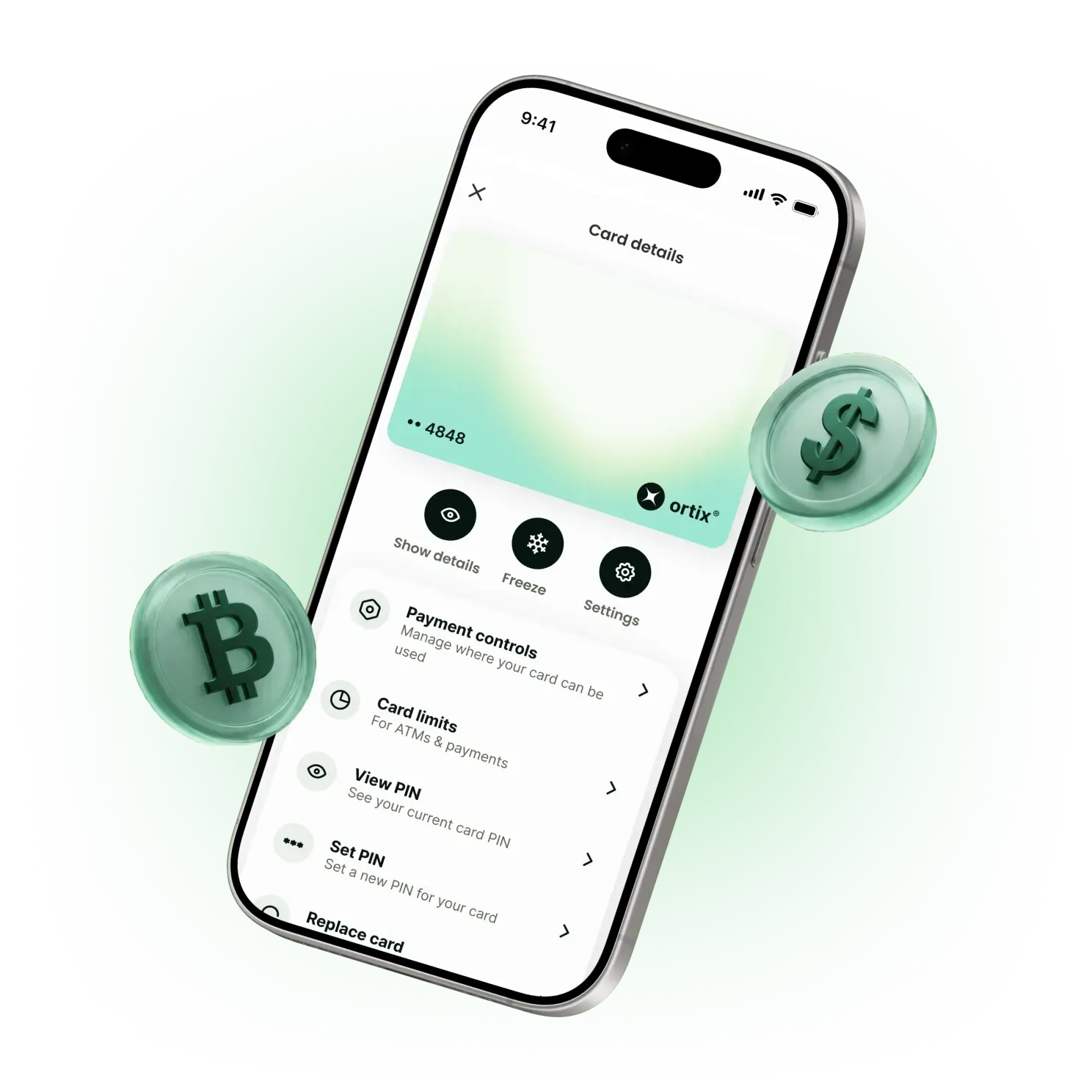 Ortix platform illustration with cards, wallets, and digital assets